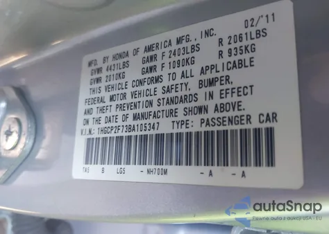 2011 Honda Accord 2.4 Ex из США, поврежденный, VIN 1HGCP2F73BA105347